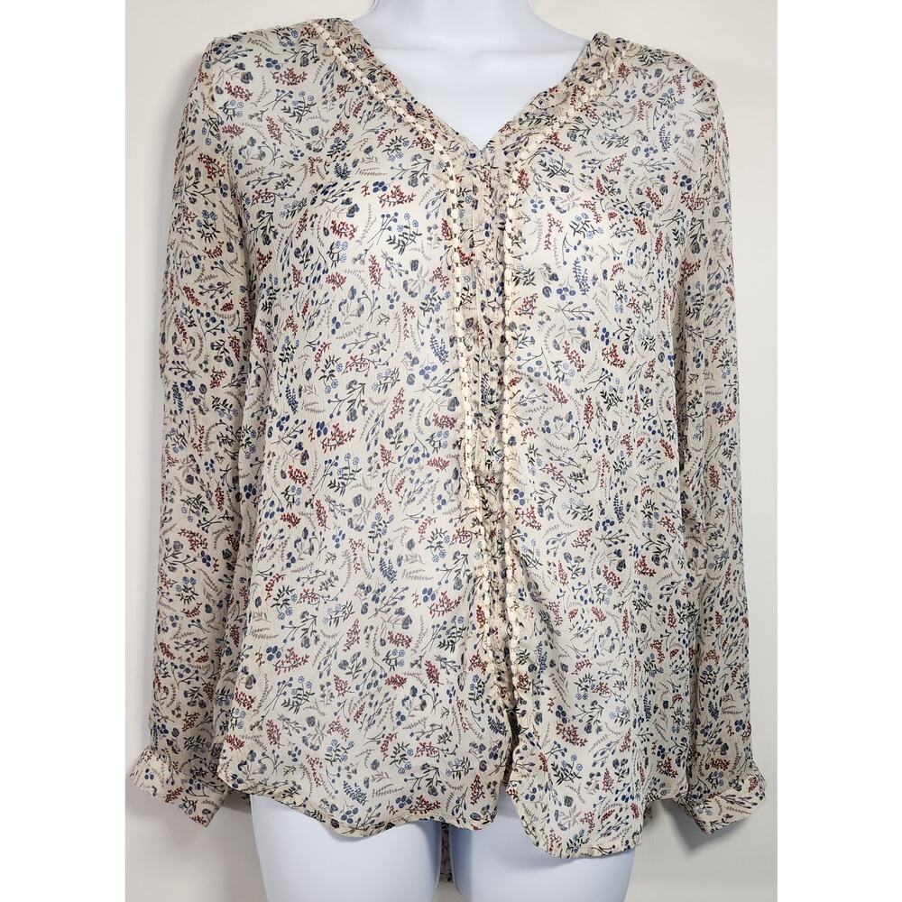 Mystree Floral Boho Blouse Semi‎ Sheer Pom Pom Trim Peasant Top S